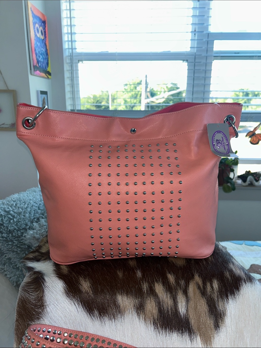 Sharif Silver Studded Coral Tote Bag with Dual Chain Straps 17”x 6.5”x 12.5” NWT - Picture 2 of 14